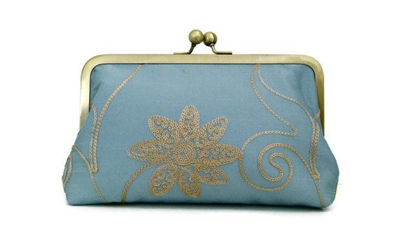 CLUTCH PURSE by Cutiegirlie Handmade Elegant Blue/Gray Embroidered silk for bridesmaids or bride