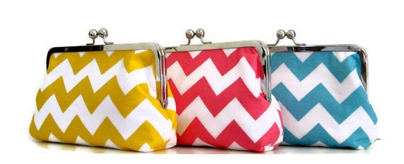 THREE CLUTCH SET  for bridesmaids Riley Blake Chevron in pink,  yellow, blue