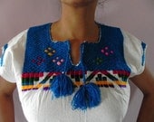 Mexican Top Blouse Romantic Chic Fantastic Blue Embroidered Handmade Medium / Large