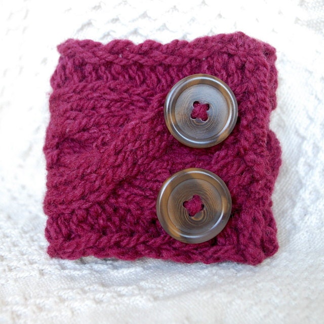 Burgundy Women's Knit Bracelet - Red Cable Buttontab Wrist Cuff