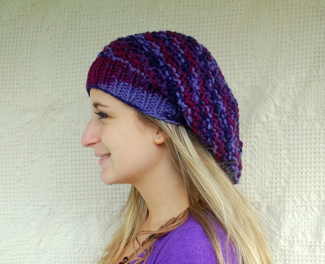 SALE - Knitted Wool Tam in  Purple Tones - Womens Slouch Hat