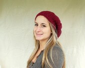 SALE- Burgundy Cable Slouch Hat in Merino Wool - Red Wine Tam