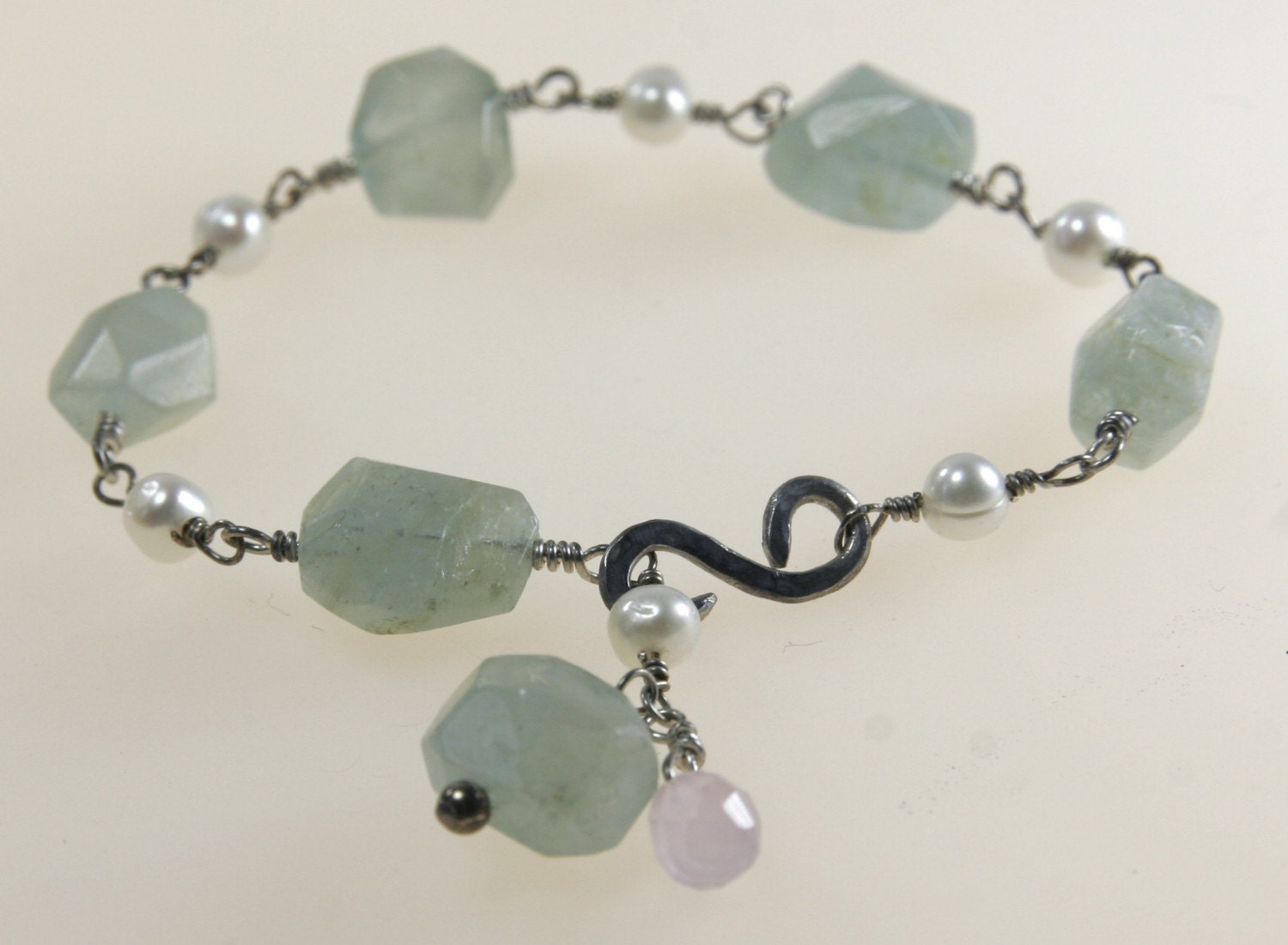 Bridal Bracelet Aquamarine and Pearl Gem Stones Wire Wrapped in Silver