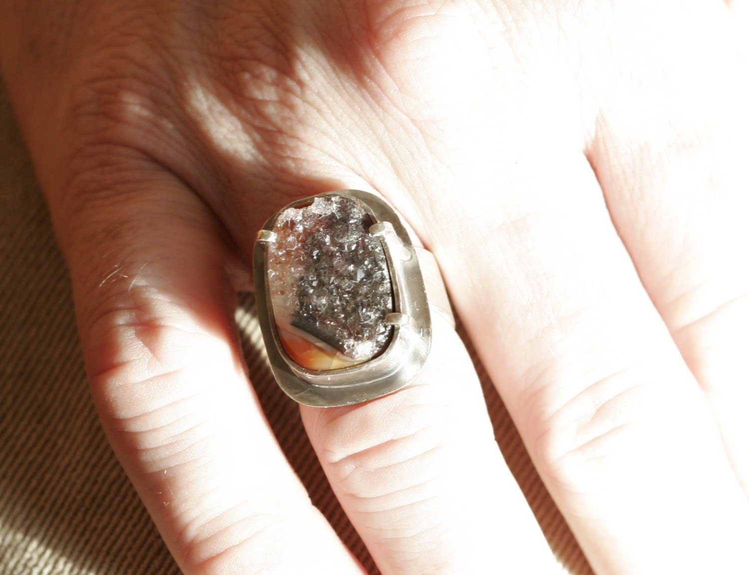 Druzy Men's Ring Urban Chic Black and Orange Agate Drusy