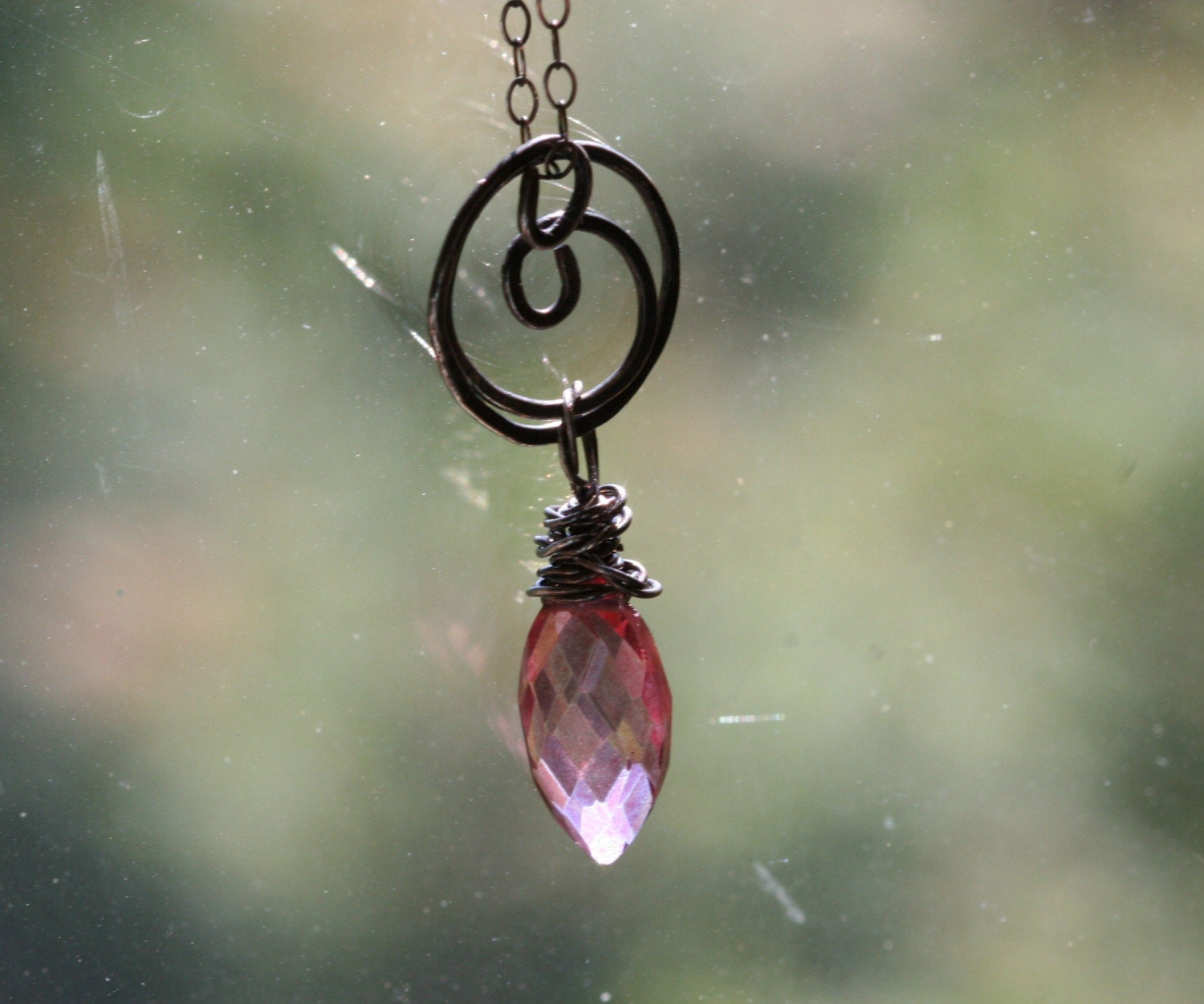Pink Marquise Pendant Necklace of Mystic Quartz  on Black Silver