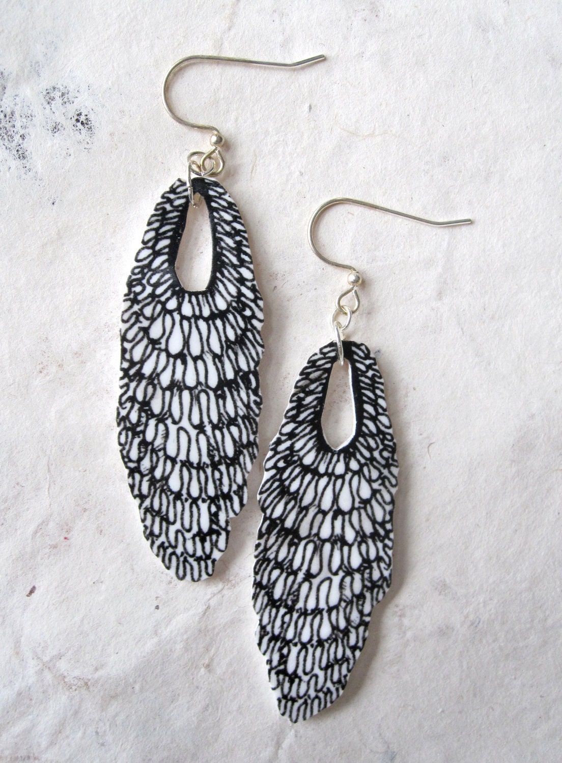 Lace Layers Dangle Earring -  Lightweight Black and White Plastic - Original Drawing