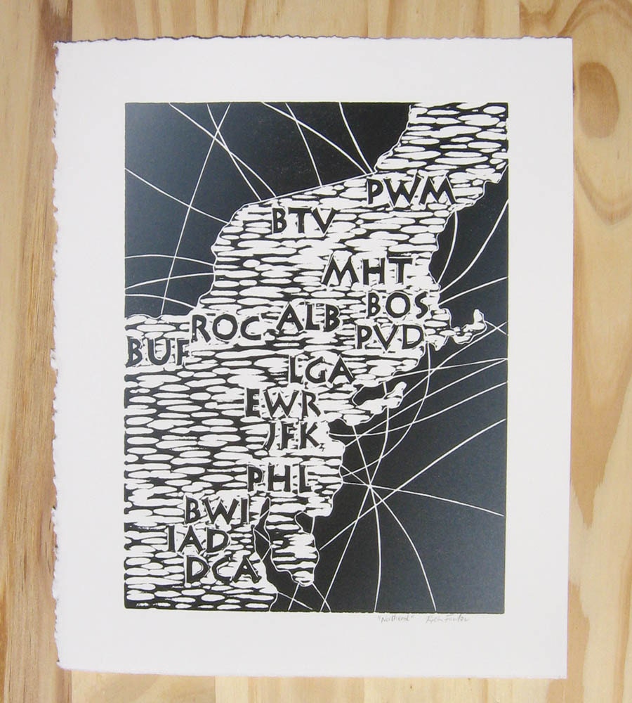 Washington DC, Boston & New York Map - Linocut Relief Print (Black / Gray)