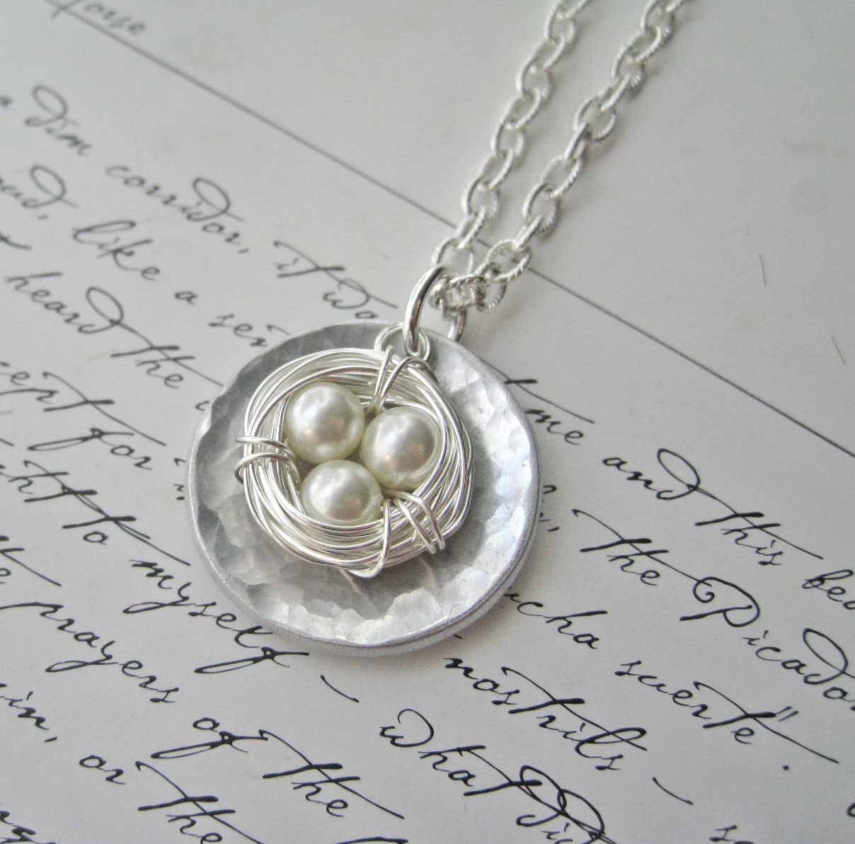 Silver Filled Three egg Nest Mother's Necklace - Nesting - Pearls children stamped mom mother custom engraved personalized
