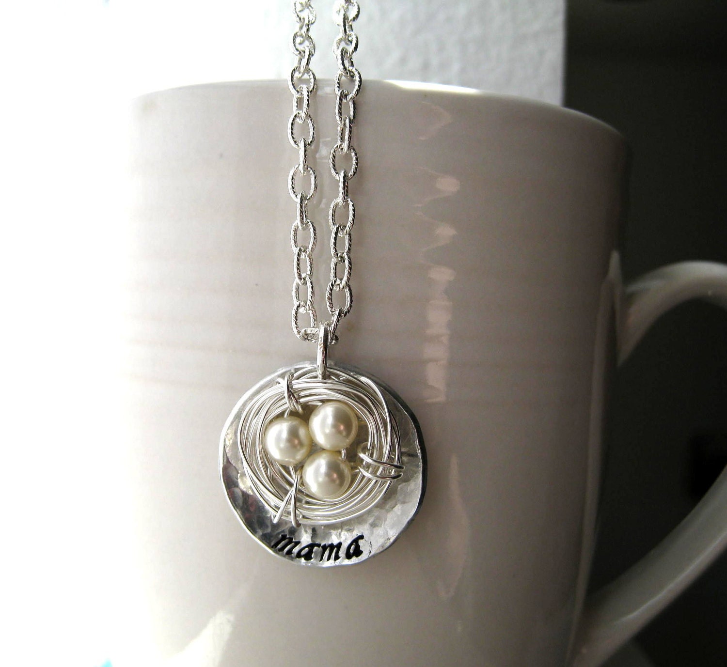 Sterling Silver Filled Nest Mother's Necklace  - Pearls Personalize children stamped stamp mom mother custom engraved personalized