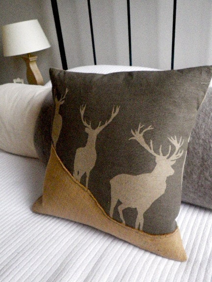 hand printed charcoal triple stag cushion cover