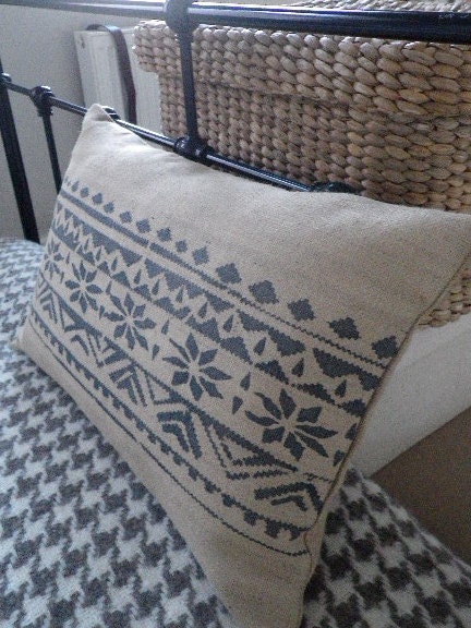 hand printed hessian blue grey fair isle inspired cushion cover