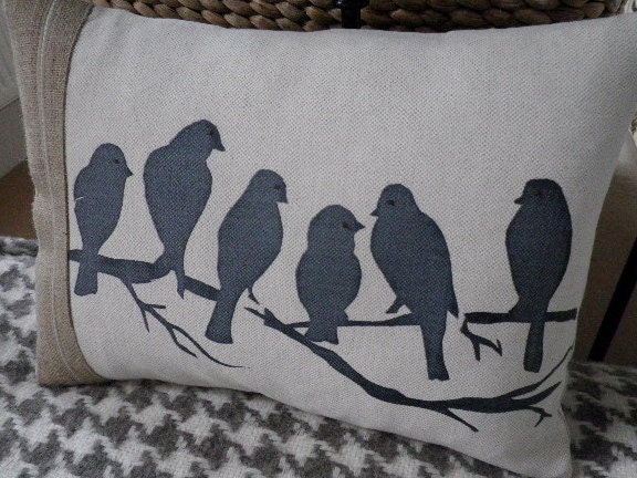 hand printed midnight blue birds on a branch cushion