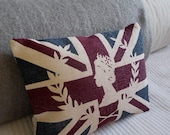 handprinted union jack  flag cushion with royal silhouette inlay - helkatdesign