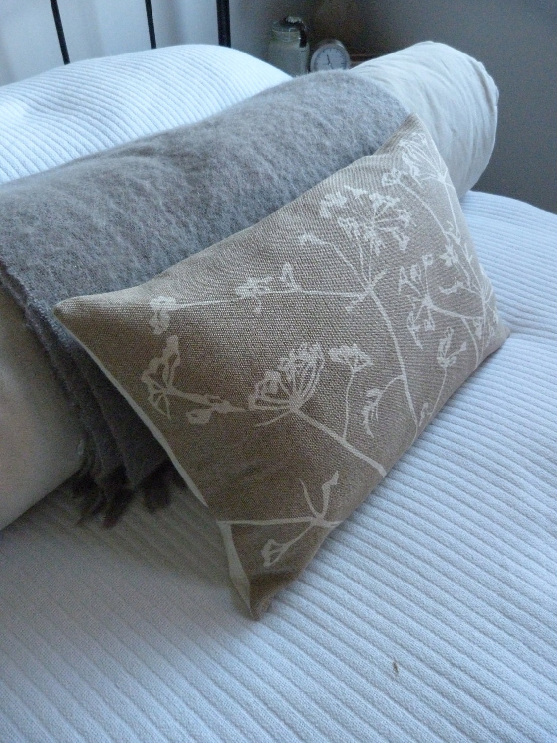 hand printed stone cow parsley linen cushion cover