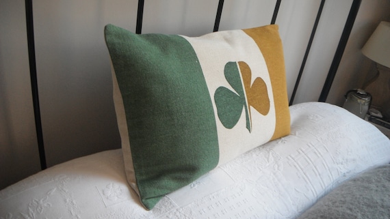 hand printed irish shamrock tricolour flag cushion cover