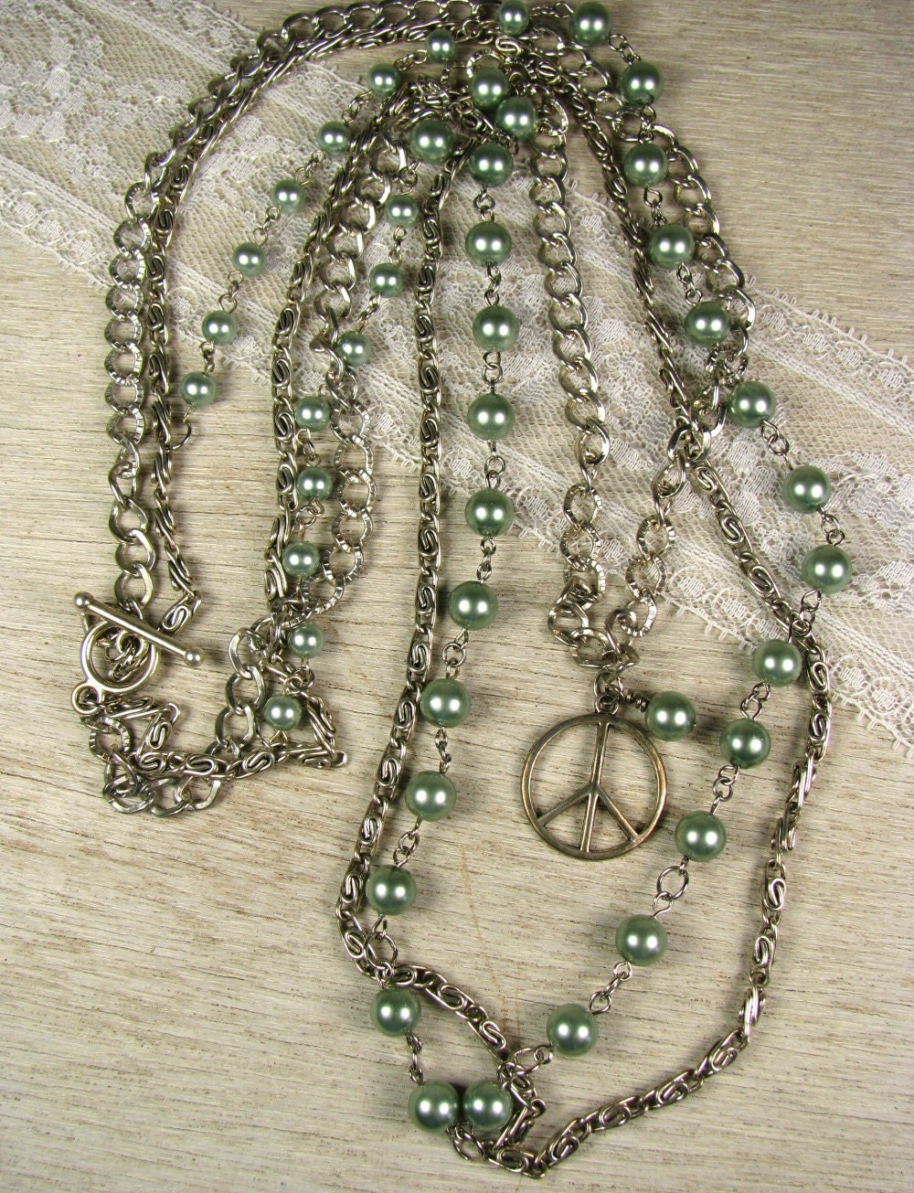 Silver and Green Multi Strand Necklace "Green Peace"