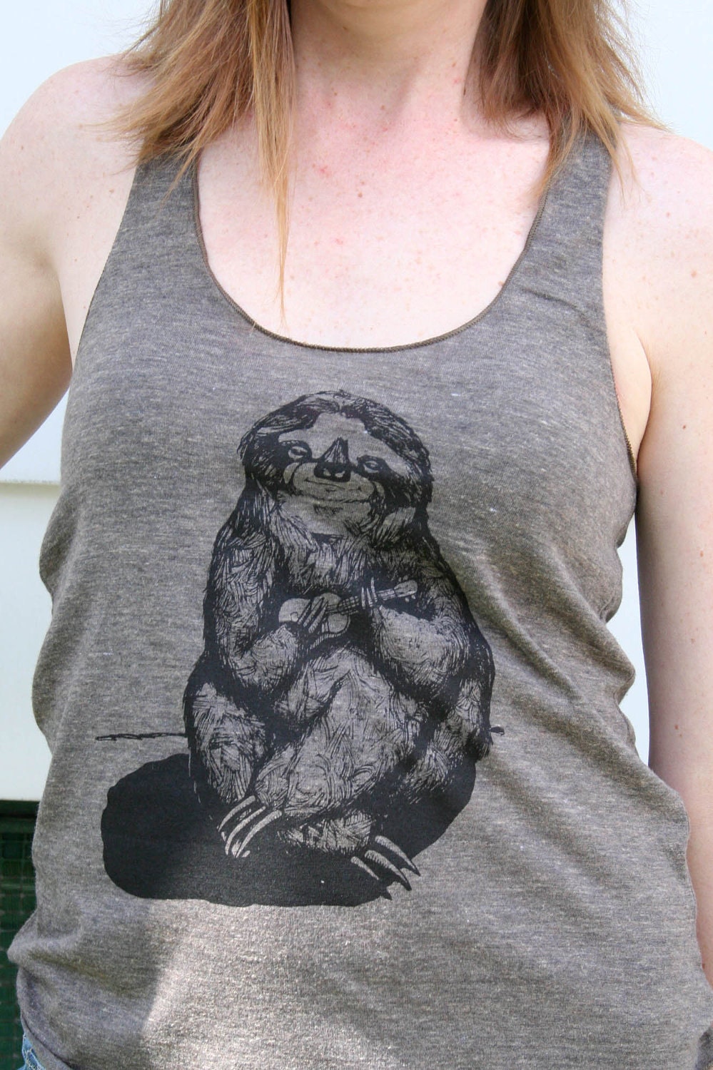 Sloth Playing the Ukulele Hand Drawn Design on American Apparel Tri-Coffee RacerBack Tank  for Women