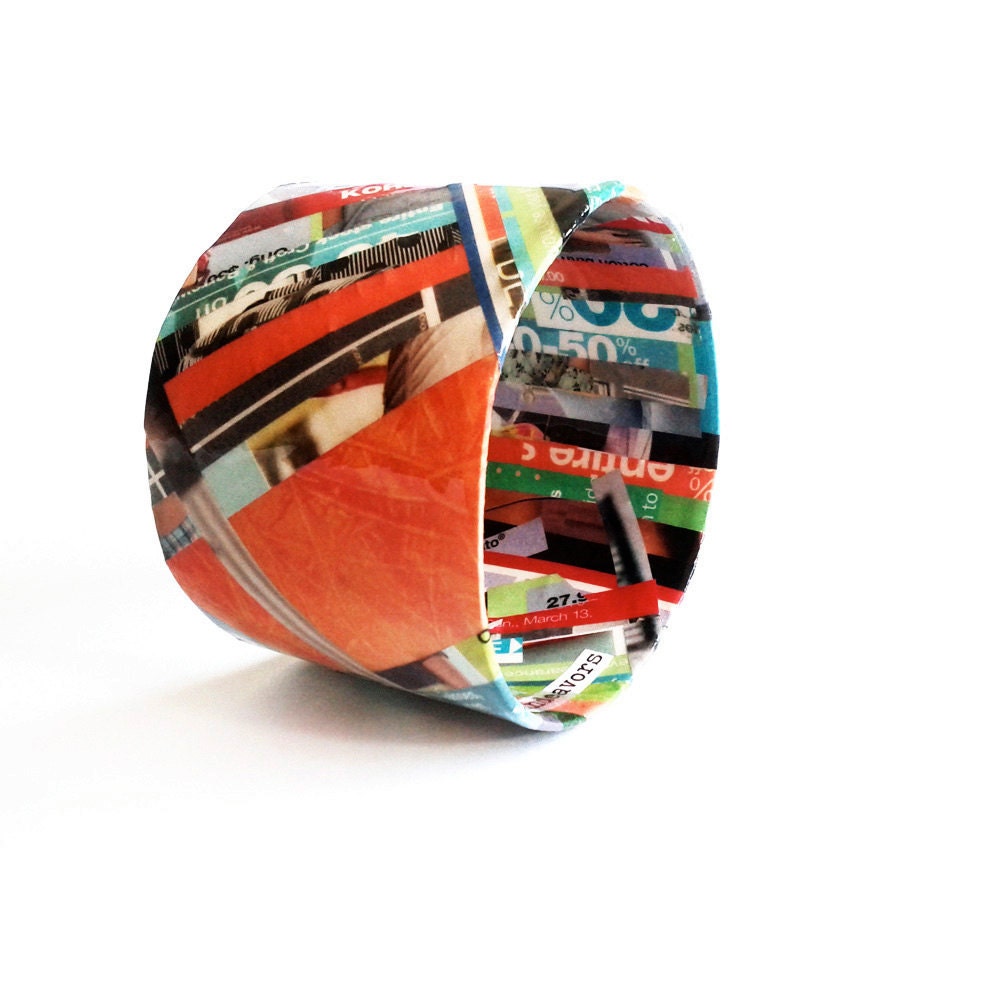 SALE Stronger - durable upcycled magazine paper strip collage cuff statement bracelet - SIZE LARGE
