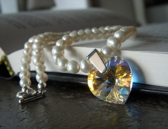 Pearl Necklace Earrings Set Swarovski Crystal Heart Wedding Jewelry