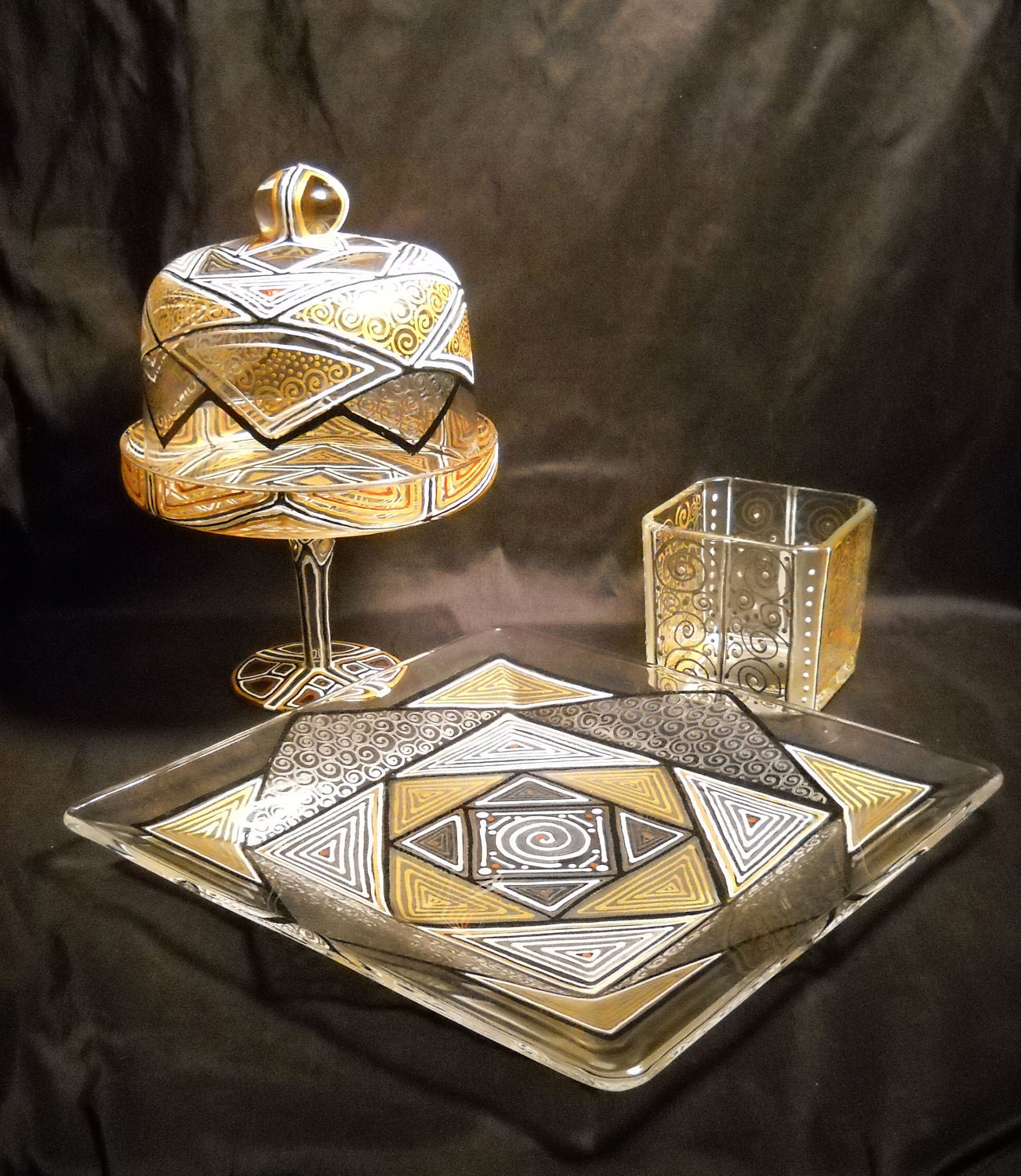 Geometric Painted Glassware, Hand Painted Domed Dessert Stand, Art on Glass