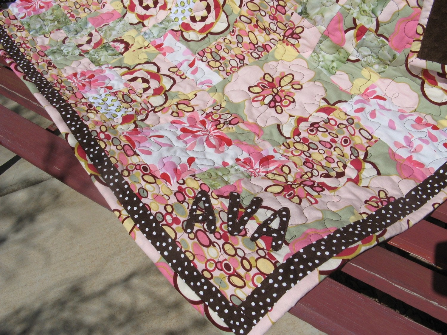 Custom Baby Quilt Pink and Chocolate Brown Personalized Modern Retro