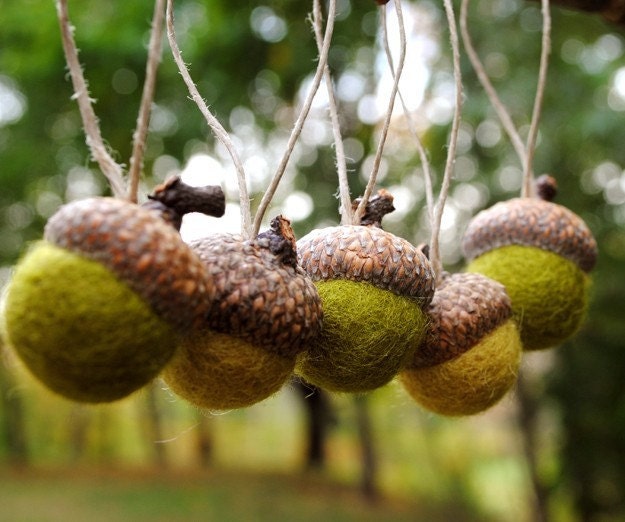 FABULOUS SALE Wool Felted Acorn Ornaments - Set of 6 in Green Tones