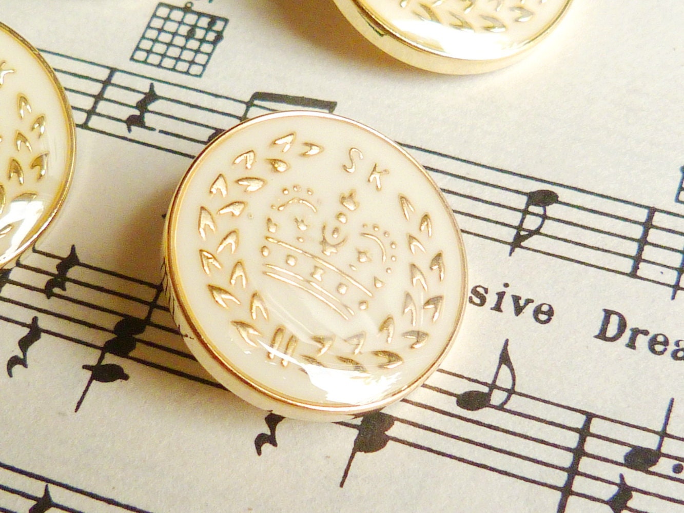 Crown Emblem Cream And Gold Glossy Buttons (Set Of 6)