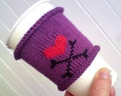 Coffee Cozy - Purple Coffee Cup Cozy - Heart and Crossbones - Valentine's Day - Love Heart