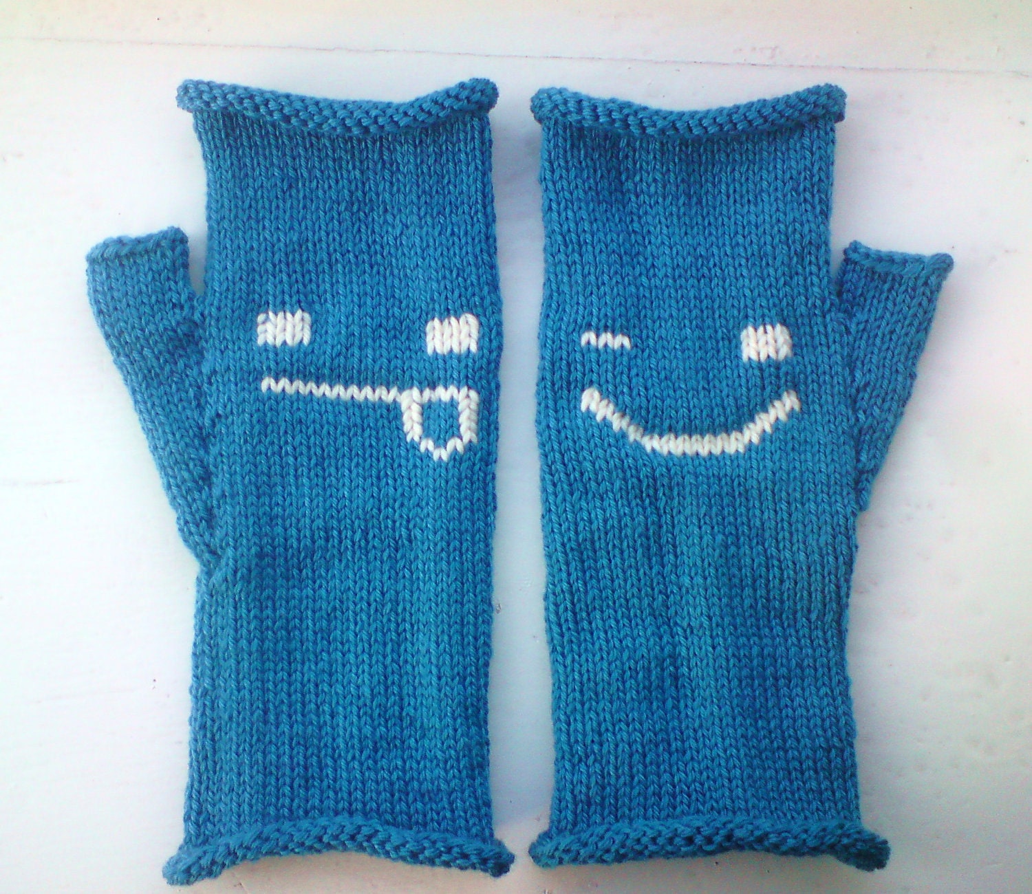 Hand Knit Fingerless Gloves - Cute Gloves - Happy Cheeky Emoticons - Fingerless Mittens for Women and Teens