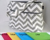 The Monterey Diaper Bag Medium - In Grey Chevron  You Choose Your  Lining Color - Adjustable Strap and Elastic Pockets