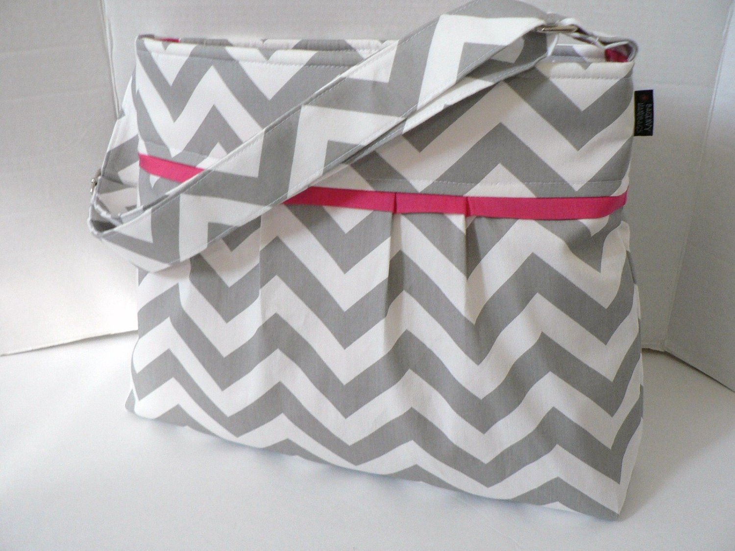 Monterey Chevron Diaper Bag Medium - In Grey Chevron And Hot Pink - Adjustable Strap and Elastic Pockets - Zippered Closure