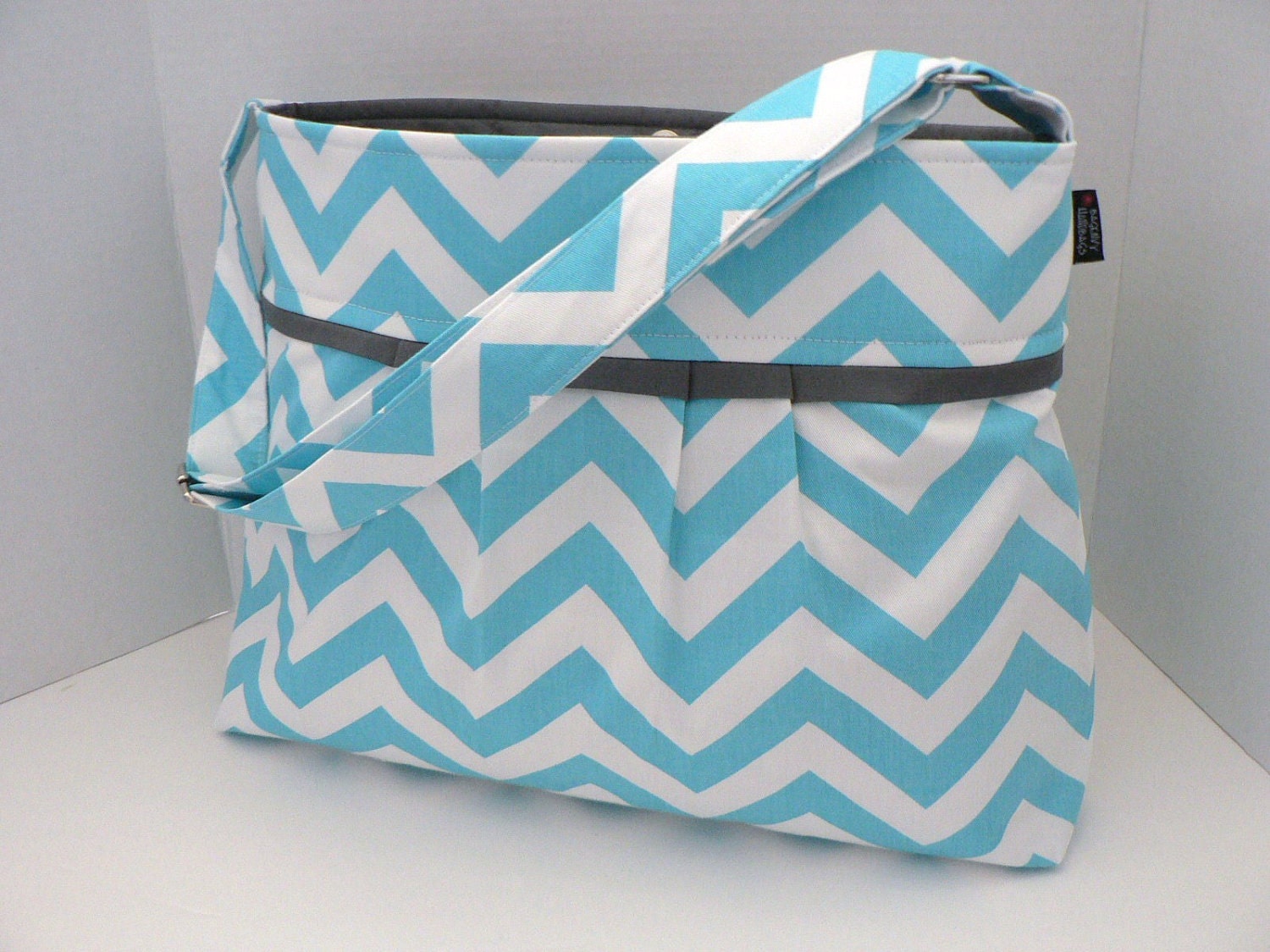 The Monterey Diaper Bag Medium - In Aqua Chevron and Grey - Adjustable Strap and Elastic Pockets