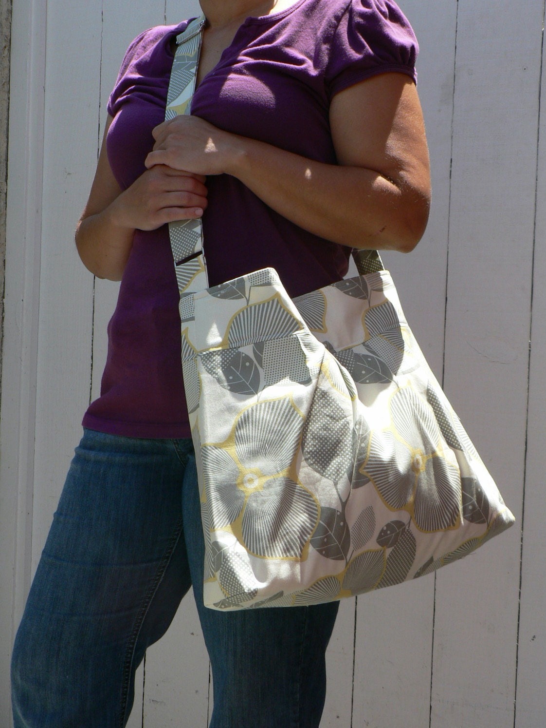 The Monterey Diaper Bag Large - In Grey Chevron and Yellow - Adjustable Strap and Elastic Pockets