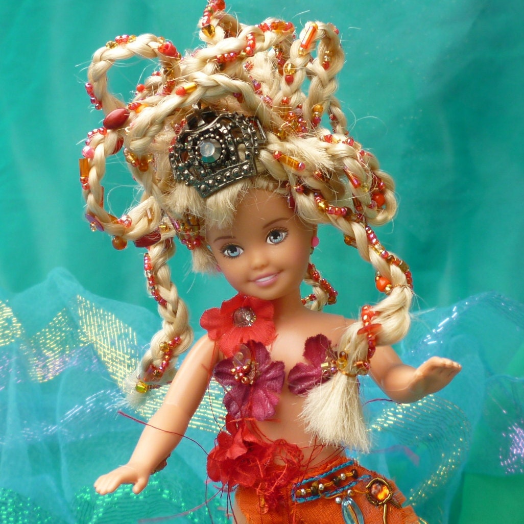 Fantasy Doll Assemblage Art Beaded Tangerine Nymph by mystic2awesome