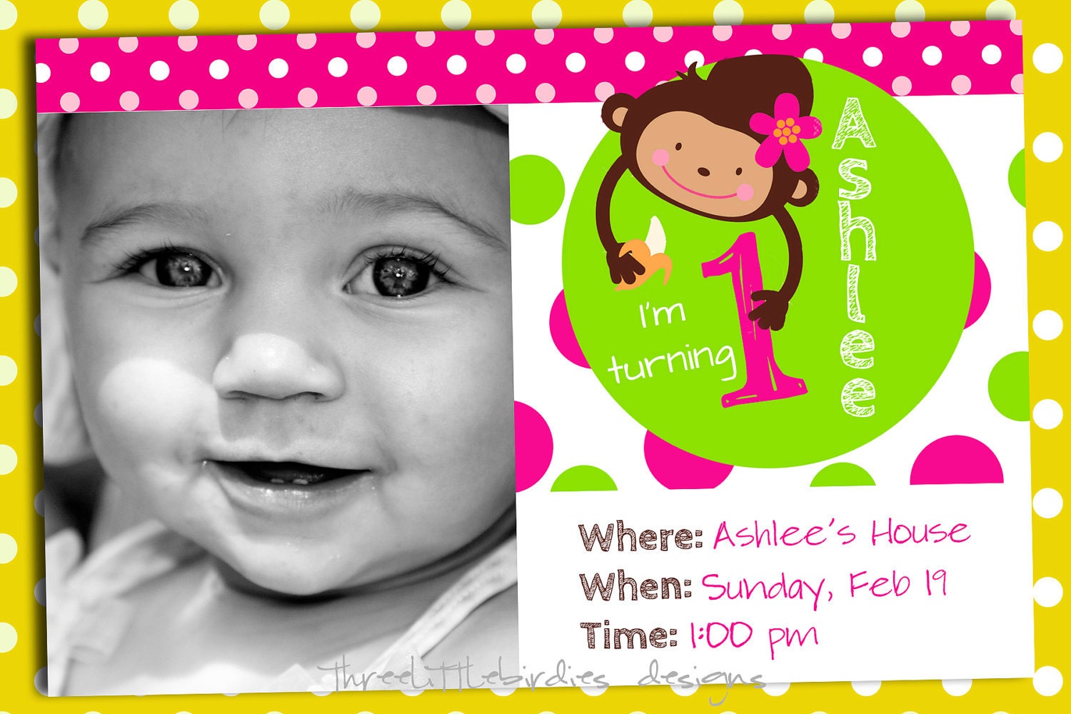 Pink and green polka dot monkey birthday invitation