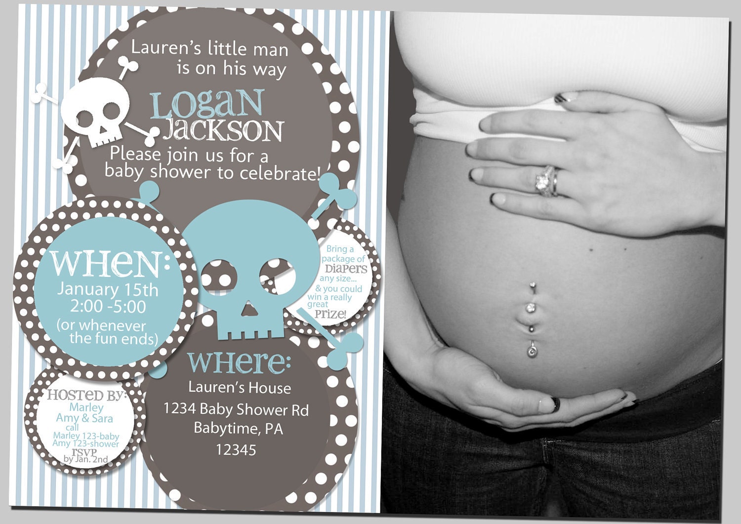 Mod Skull blue and brown green brown or pink and brown Baby Shower Invitation