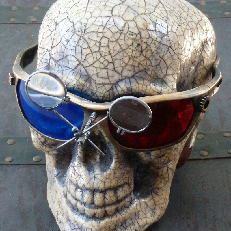 Steampunk 3D Goggles Glasses  lenses loops cyber---RARE-----Time Travel Crazy Scientist's Oculo-Vision Tool---biker motorcycle