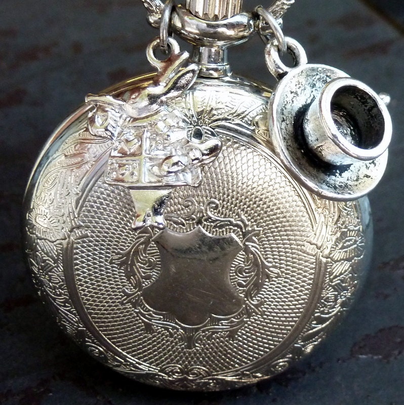 Alice in Wonderland Steampunk pocket watch pendant rabbit tea cup charm necklace locket- Tea party time 1