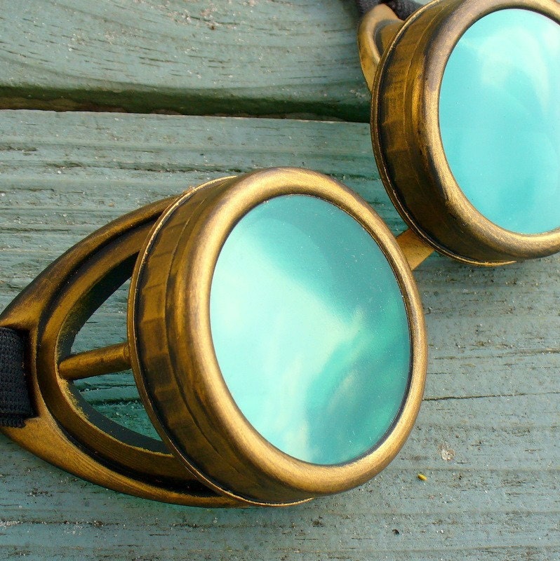 Steampunk Victorian Aviator GOGGLES glasses  Time Travel Crazy Scientist's Oculo-Vision Tool---D gold green