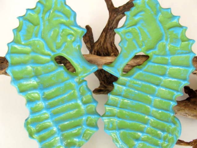 Beach Decor Turquoise and Green Seahorse Twins