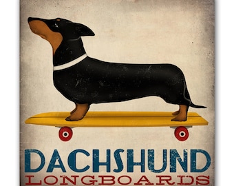 NEW ILLUSTRATION : DACHSHUND Wiener Dog Longboards Skateboard  - Gallery Wrapped Canvas Wall Art 12x12x1.5 inch Signed
