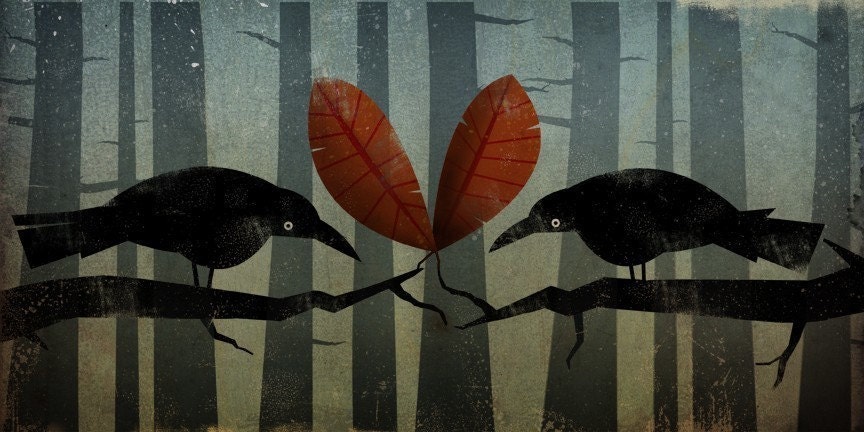 LOVE BIRDS I'll share my heart with you Black Crows illustration Giclee PRINT 15x7.5 inches Signed