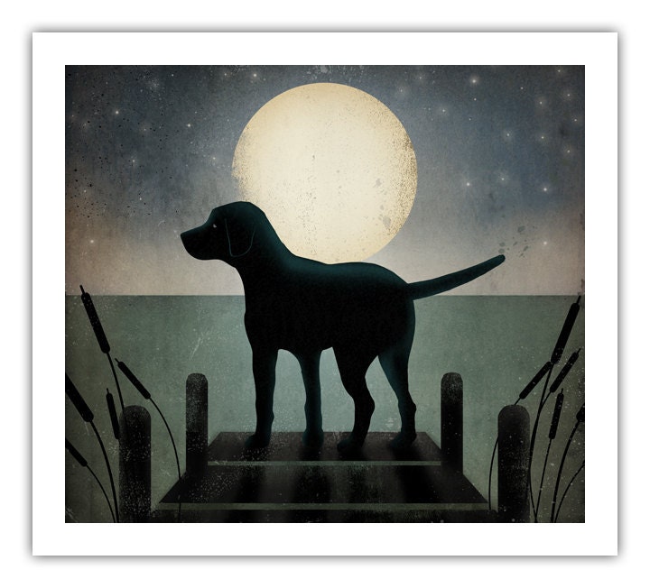 Moonrise Dock Dog Graphic Art Illustration Giclee Print 11x14 inches Signed