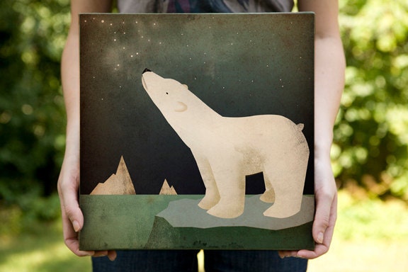 POLAR BEAR CONSTELLATION - Graphic Art Illustration on Canvas Panel 12x12x1.5 inch signed