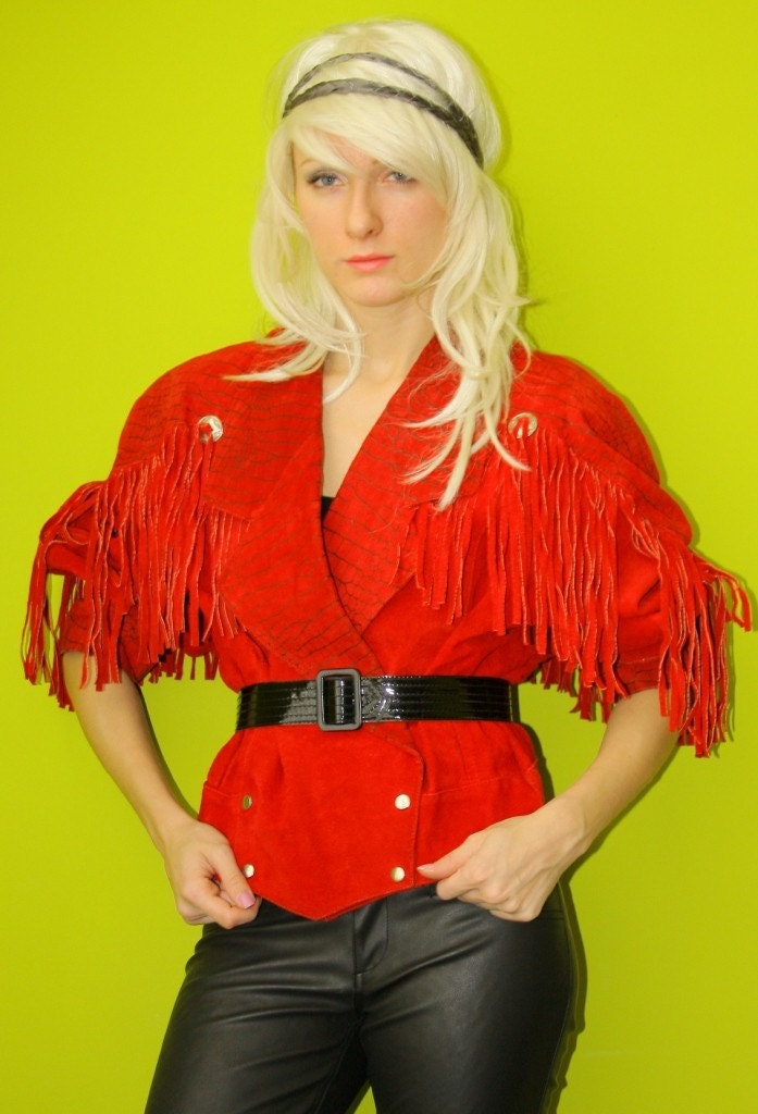 SALE Vtg 70s RED SUEDE Grommet Fringe Tuxedo Cut PYTHON Print Leather Jacket Sm M