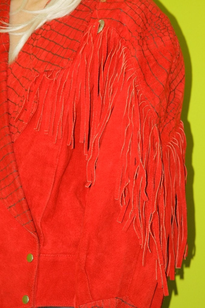 SALE Vtg 70s RED SUEDE Grommet Fringe Tuxedo Cut PYTHON Print Leather Jacket Sm M