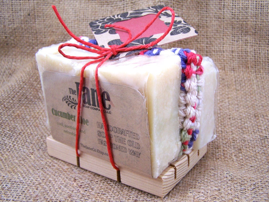 Gift Bundle - Handmade Soap, Crochet Cotton Wash Cloth, Wood Soap Dish