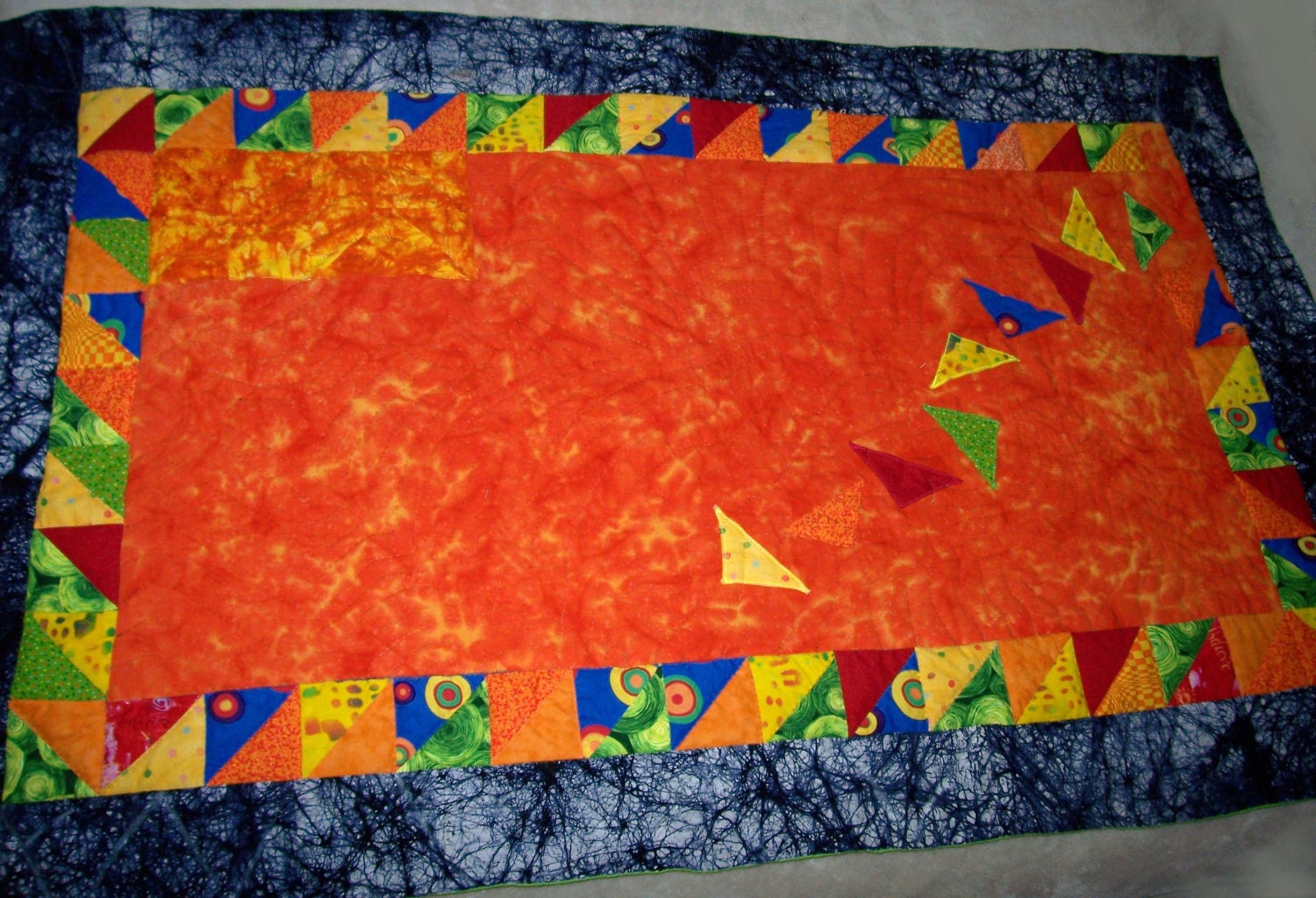 SALE Tricoloration - HandQuilted Toddler Baby Quilt - OOAK Triangles Geometric Bright Funky Shapes Batik Tie Dye Lime Green Orange