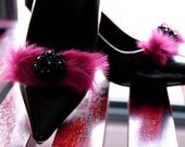 Regina - Dark Maroon faux fur bow shoe clips with black beaded button