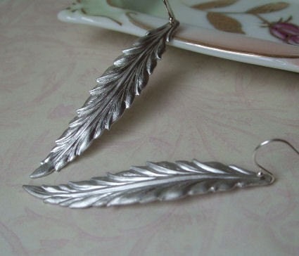 Long Feather Earrings Matte Silver - Memorial Day Sale